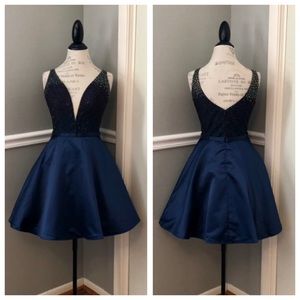 NEW JOVANI SZ 8 NAVY SATIN FIT FLARE STONE EMBELLISH COCKTAIL DRESS